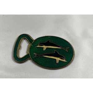 Vintage Bronze Dolphin Bottle Opener Green Enamel Signed KK Nautical Barware 4in